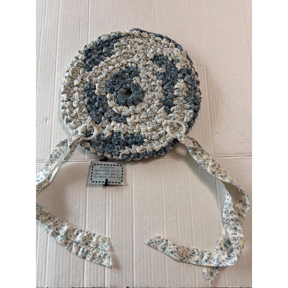 Hand Crocheted Rag Rug Chair Pad Trivet Blue White Floral Fabric 11"